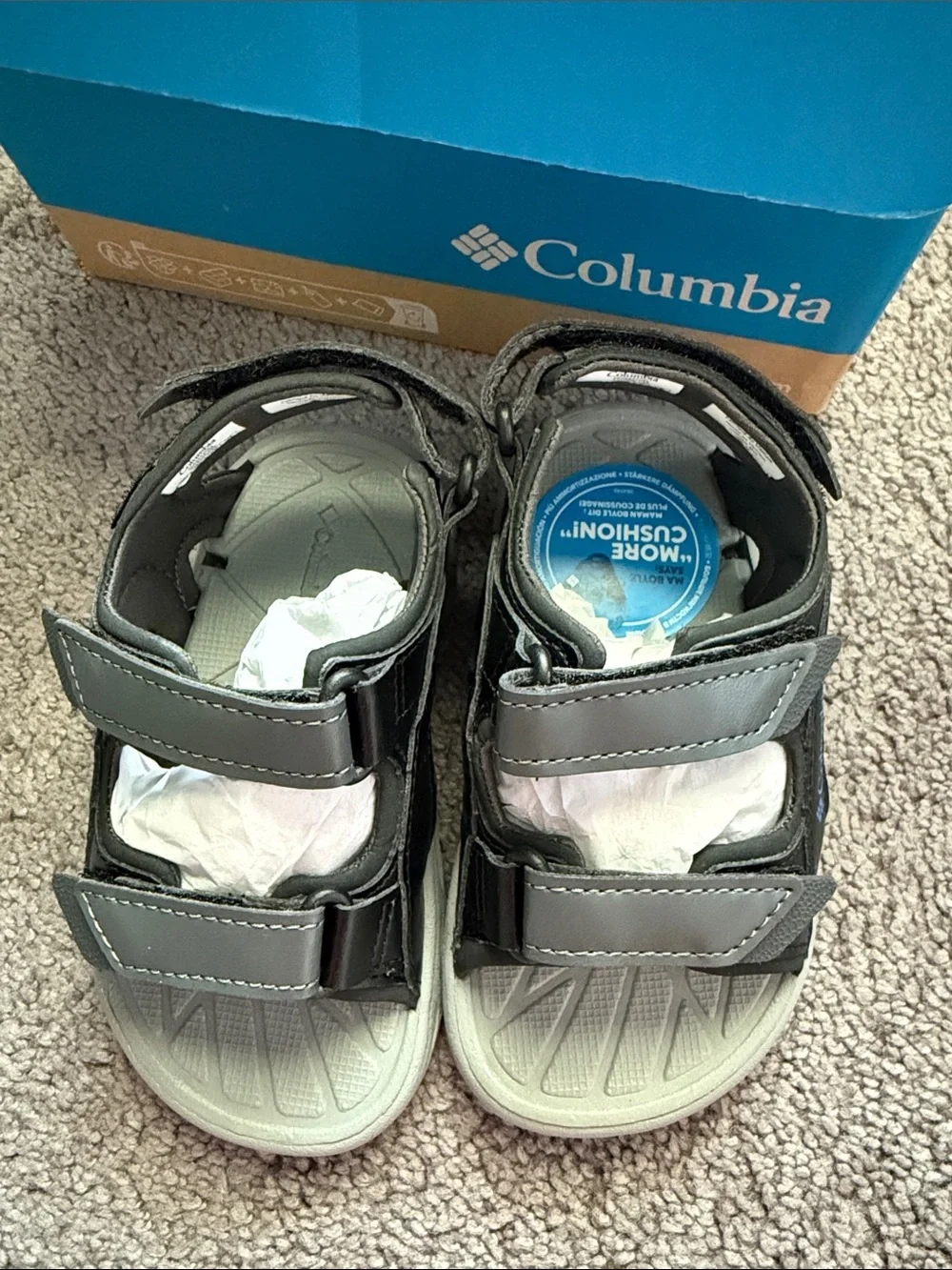 Columbia Kids Black and Light Gray Sport Sandals with Blue Accents